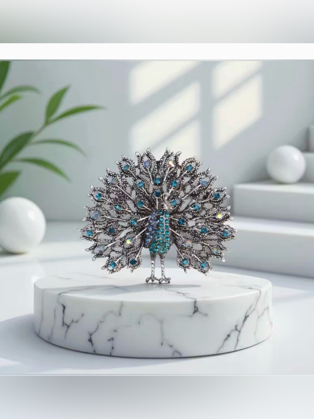 Peacock Rhinestone Encrusted Brooch Modern New Silver Tone